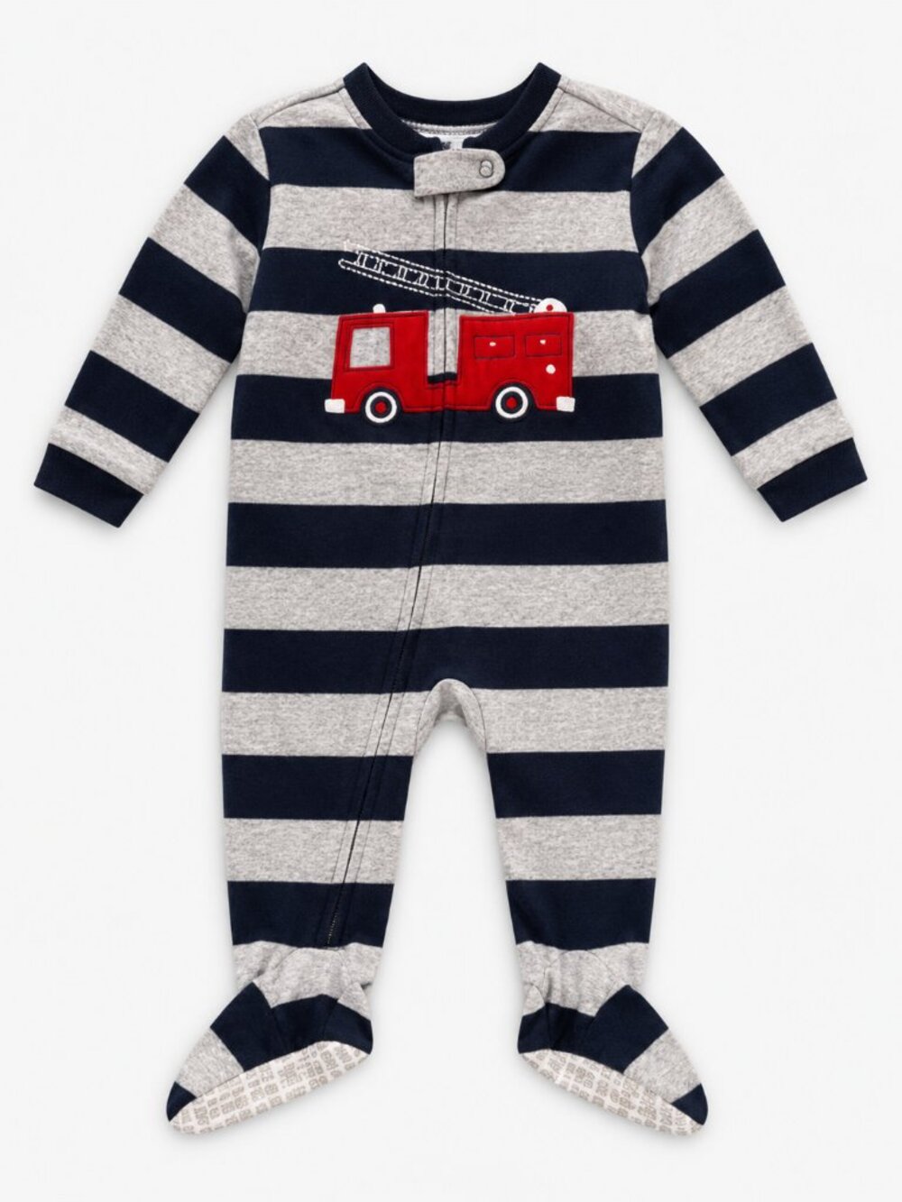 Carter’s 12M Fire Truck Fleece Footed Pajamas Navy Gray Striped Sleeper